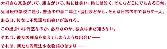 大好きな家族がいて、親友がいて、時には笑い、時には泣く、そんなどこにで
もある日常。見滝原中学校に通う、普通の中学二年生・鹿目まどかも、そんな日常の中で暮らす一人。ある日、彼女に不思議な出会いが訪れる。この出会いは偶然なのか、必然なのか、彼女はまだ知らない。それは、彼女の運命を変えてしまうような出会い――それは、新たなる魔法少女物語の始まり――