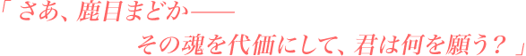 「 さあ、鹿目まどか--その魂を代価にして、君は何を願う？ 」